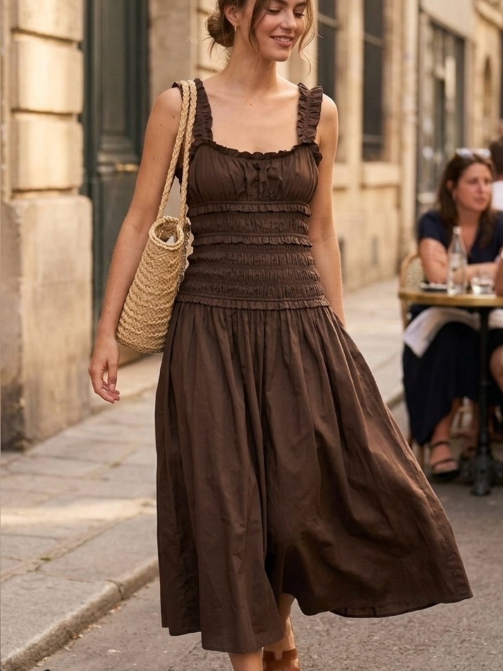 NWT Caroline Constas Chocolate Brown Smocked Cotton Maxi Dress  – Size M